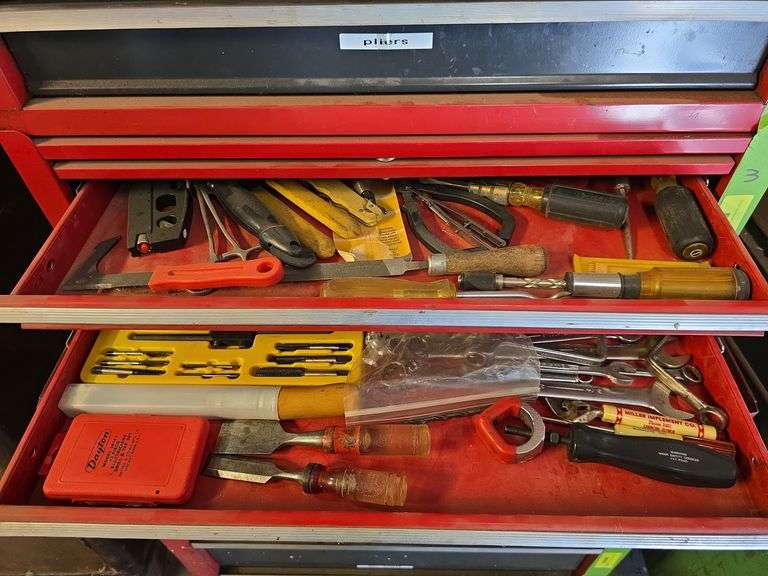 Tap and die set, tin snips, pop rivets, end wrenches  etc 3 drawers. image