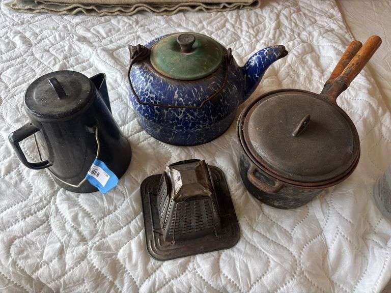Heavy enamel coffee pot, antique toaster, enamel cowboy coffee pot, cast iron pots image