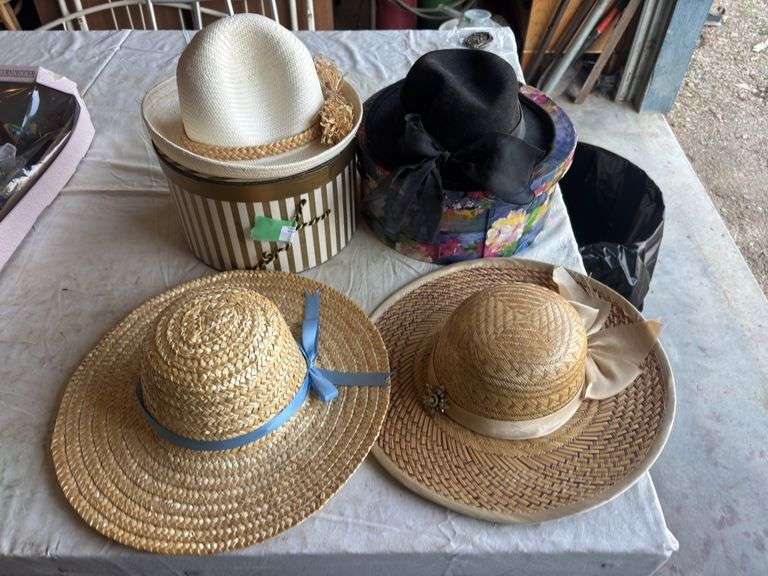 Four ladies hats and two vintage hat boxes image
