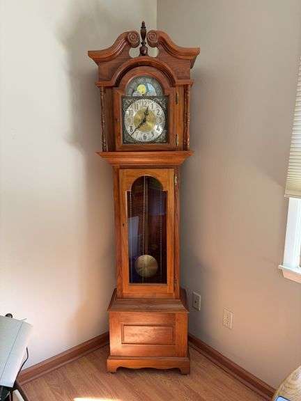 Walnut cased grandfather clock w moon phase dial 12D x 22L x 87H image