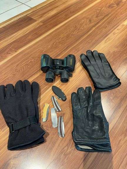 Bushnell binoculars, pocket knives and gloves image