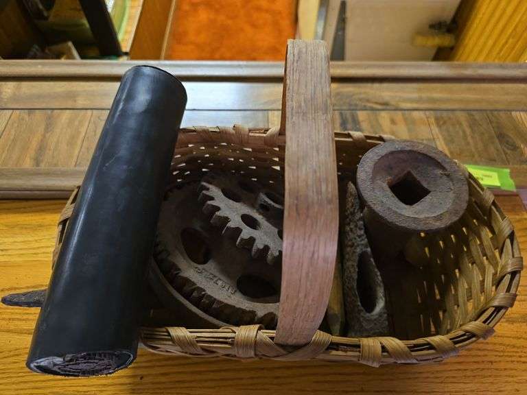Basket of old steel implement items and chunk of copper wire image