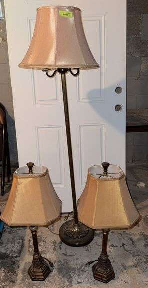 Two matching table lamps and similar floor lamp