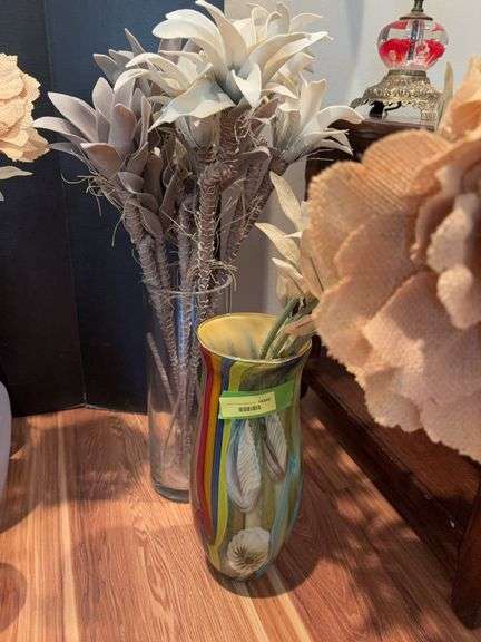 16”tall heavy art deco glass vase and clear glass vase, both w “flowers” image
