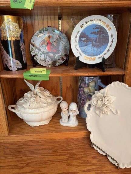 Peacock vase marked Rosenthale, collector plates, clear glass vases, Precious Moments bride & groom, etc image