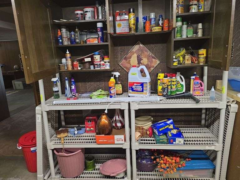 Contents of cabinets and plastic shelves includes cleaners, door locks, dog dishes, insect killer, solder gun, lamp cord and MORE image