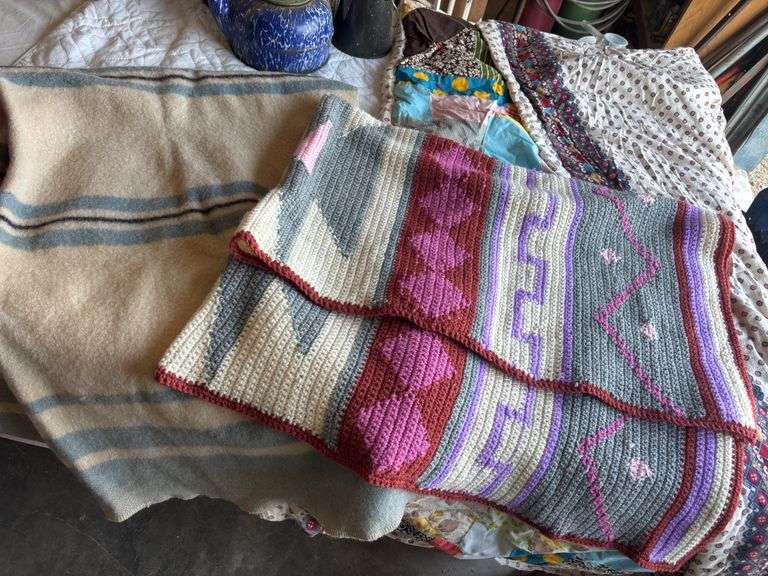 Wool blanket, crocheted afghan and quilt image