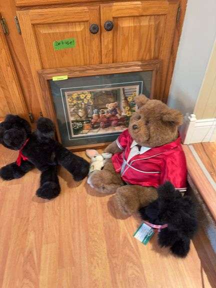 Signed Knutson print and three bears The big guy is a Gund See photos for details on black bear w pink ribbon, he is jointed image