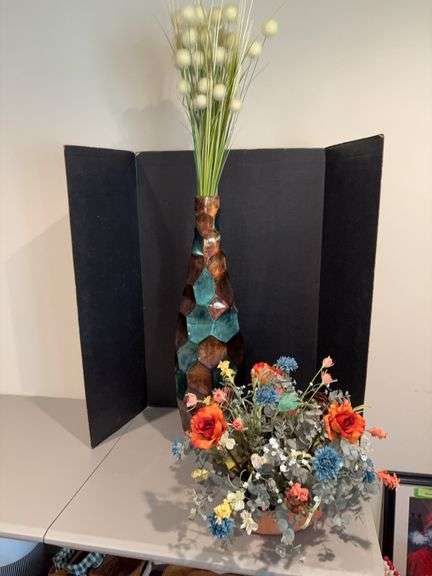 31” tall art deco vase w fake stuff and terra cotta planter w artificial flowers image