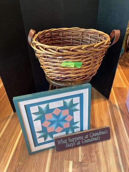 Grandmas sign, basket, stool and barn board style wall hanging image