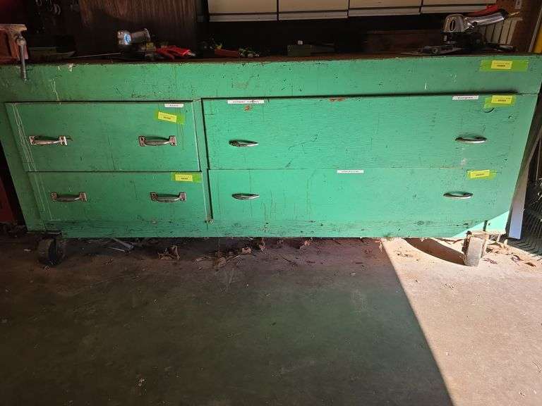 28 x 80 rolling steel cabinet, shallow drawers, 4 each side. HEAVY, HEAVY, You will need a trailer with ramps! Bring friends! Late pick up time. NO CONTENTS image