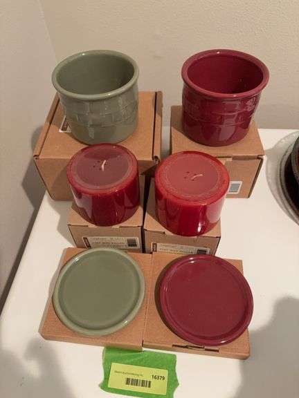 Two Longaberger salt pints, pint size pillar candles and one pint crock lid/coasters image