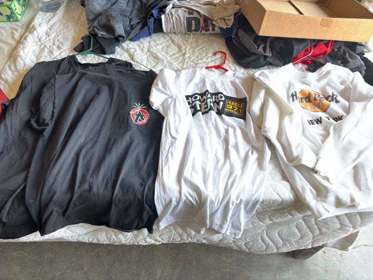 Hard rock New York sweatshirt, Howard Stern T-shirt, and two radio americoma T-shirts image