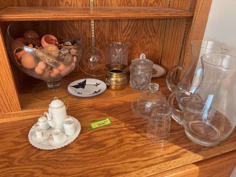 Wheel etched pitchers, small brass spittoon, child size tea set, etc image