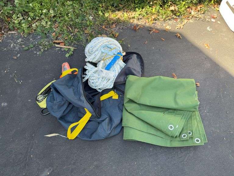 100' safety rope, rachet straps and green tarp image