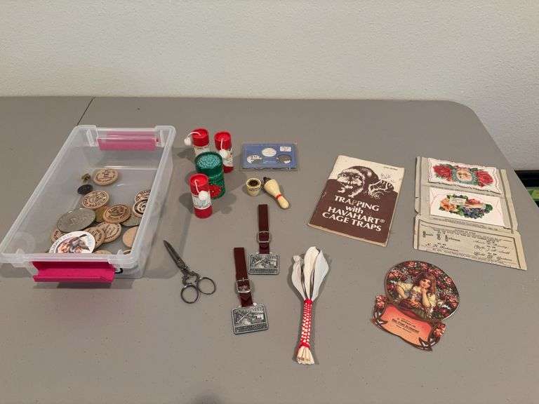 Small tote of collectibles-Susan B Anthony dollars, Christmas matches, wooden nickels, watch  fobs and more image