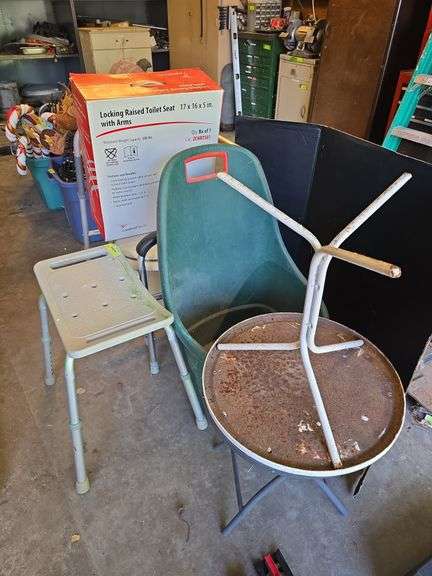 Rolling yard waste bin, 2 small round patio tables, elevated toilet seat, shower chair, walker etc... image