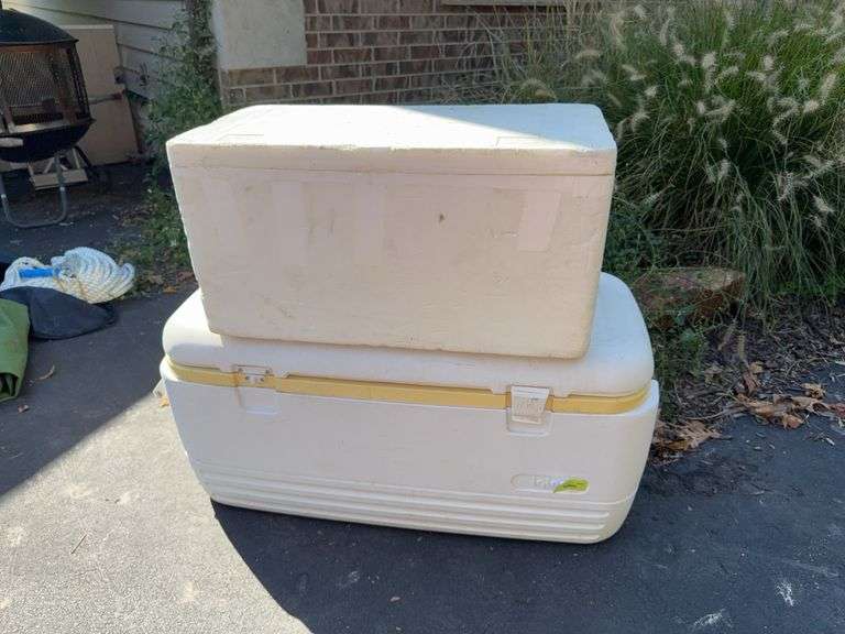 Large Igloo cooler and styrofoam cooler  Missing a lid latch image