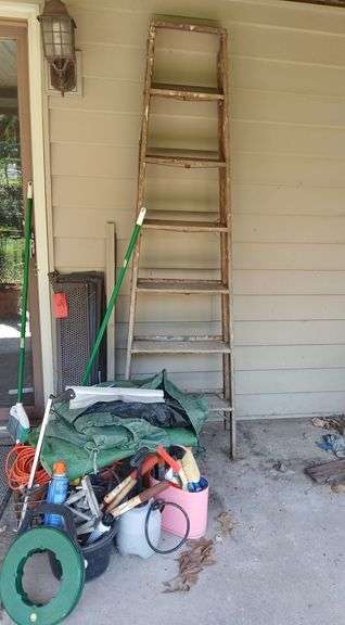 7’ wooden ladder, tarp, hand sprayer, brooms, fish tape, yard tools, etc NO GUTTER SCREENS image