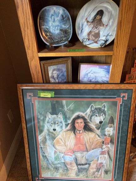S/N “The Hunter” by Maija 590/950 31x35, two 5x7 Native American pictures, DeGrazia collectors plate and “Snow River” collector plate image