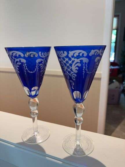 Two blue Czech glass wine glasses image