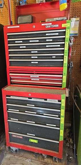 Craftsman 27" rolling tool box with 5 drawer base, 6 drawer chest top and 3 drawer Stack On mid box, NO CONTENTS It's full so come late after our other buyers have time to empty. image