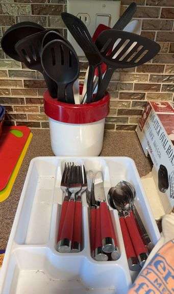 Utensil holder and utensils, cookbooks, apron and 3pc flatware set for 5 image