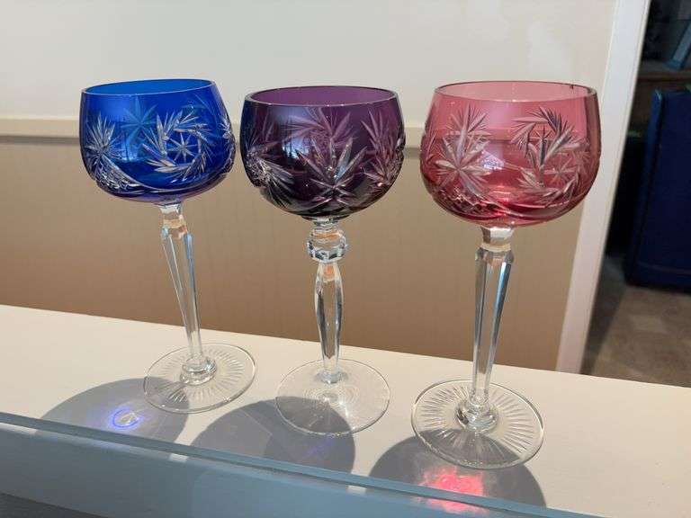 Three matching Czech glass wine glasses image