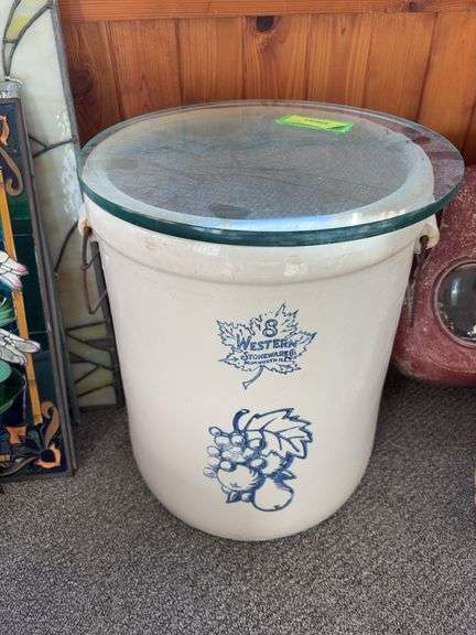 8 gallon Western Stoneware crock w glass topper and wire bail handles Excellent ring!! image