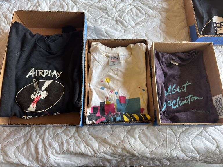 Three vintage T-shirts, AirPlay or death, 4 x 4, and Delbert McClinton image