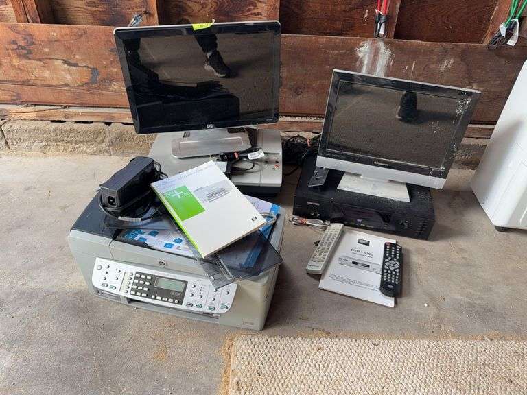 DaeWoo DVD player w remote, Polaroid 15” tv w remote, hp Office Jet 6300 printer, hp 19” monitor and Dell printer