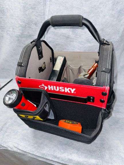 Husky tool tote filled with miscellaneous tools. Tote size 12x16x13 in image