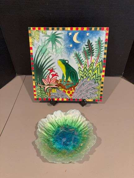 12x12 ceramic frog tile and blue/green/opalescent dish image