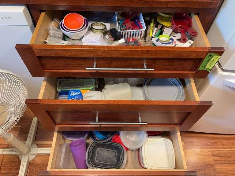 Three drawers of kitchen items-MANY plastic storage containers, measuring cups & spoons, etc image