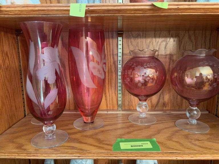 Five cranberry wheel etched vases image