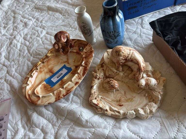 Alaskan clay figural ash trays and two vases image