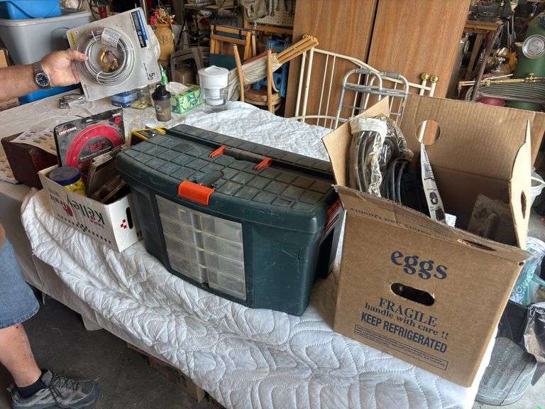 Plastic tool box and two boxes of tool and shop treasures image