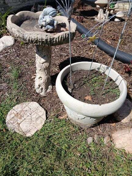 Plastic planter 18R x 15H, cement birdbath 22H, plastic squirrels image