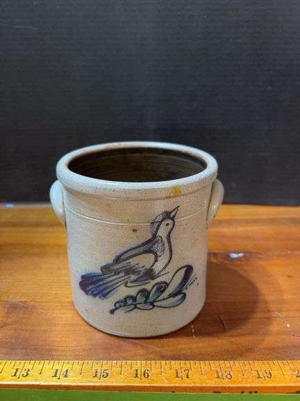 Rowe Pottery Works salt glaze crock w bird image
