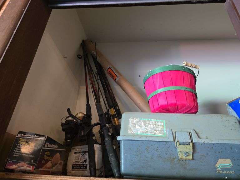 Fishing poles, tackle box, worm box, electric knife image