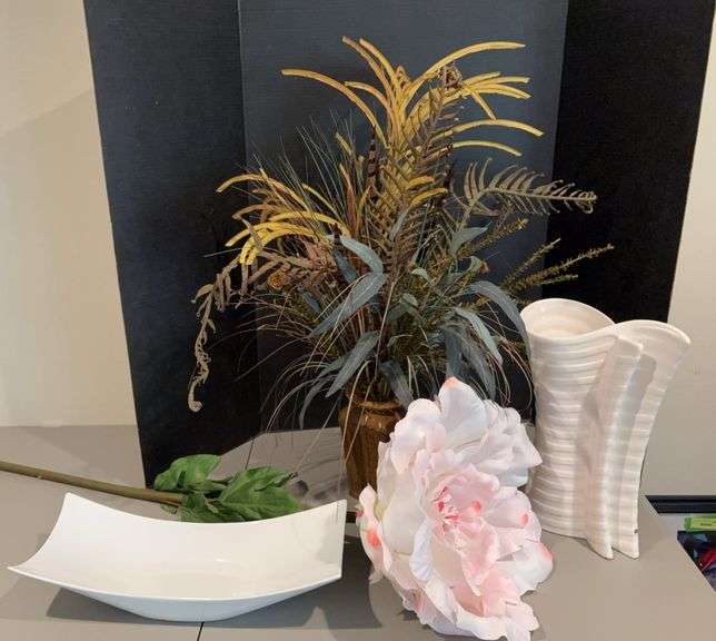 18” long Bella Luxe console dish, 15” tall white vase w a large artificial peony and small vase w grasses image