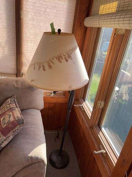 Approx 5’ tall swing arm floor lamp w paper style shade Water damage?? See photos image