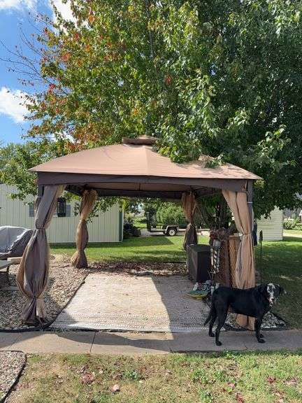 Approx 10’ x 12’ gazebo with fan New screens in last year, ceiling has been patched Condition of sidewalls unknown . PICKUP IN MARTELLE, WILL BE ARRANGED WITH SELLER AT DIFFERENT DATE