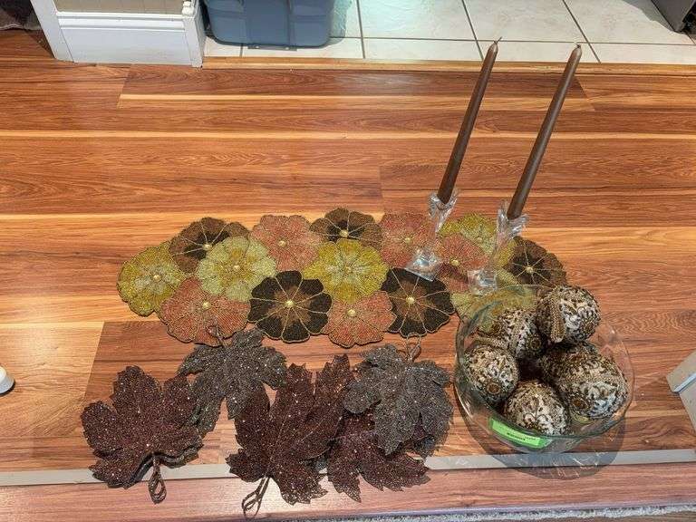 Beaded fall table runner and coordinating decor image