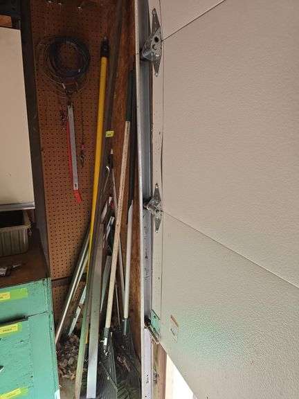 Leaf rakes, telescoping handle, stainless steel grab bar, dog cables, antique wallpapering straight edge image