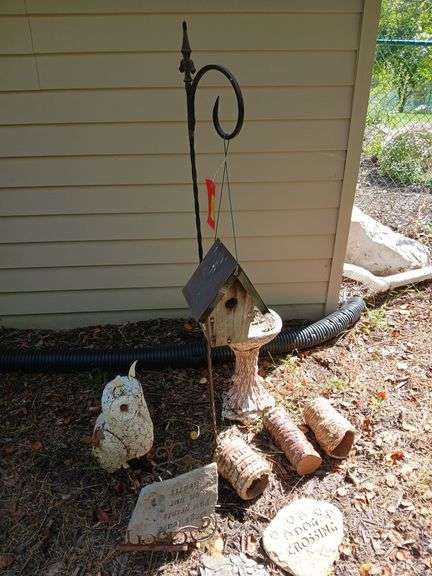 Shepherds hook w birdhouse, owl, bird bath, stepping stones, etc image