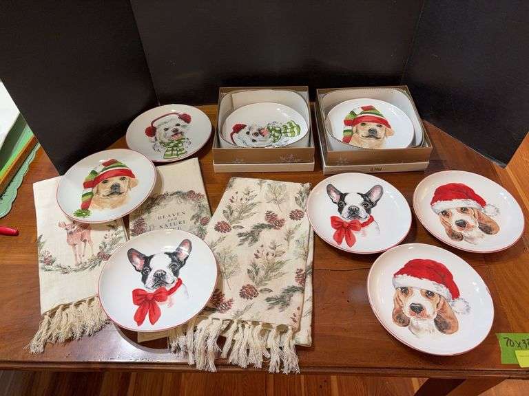 2 boxes Pier 1 holiday salad plates and nature themed hand towels image
