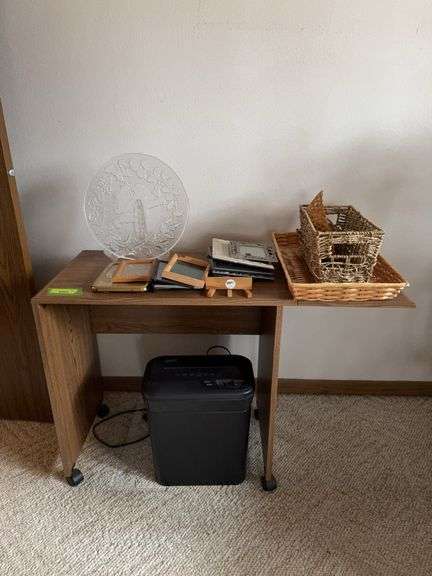 Typing table, paper shredder, frames, baskets etc... image