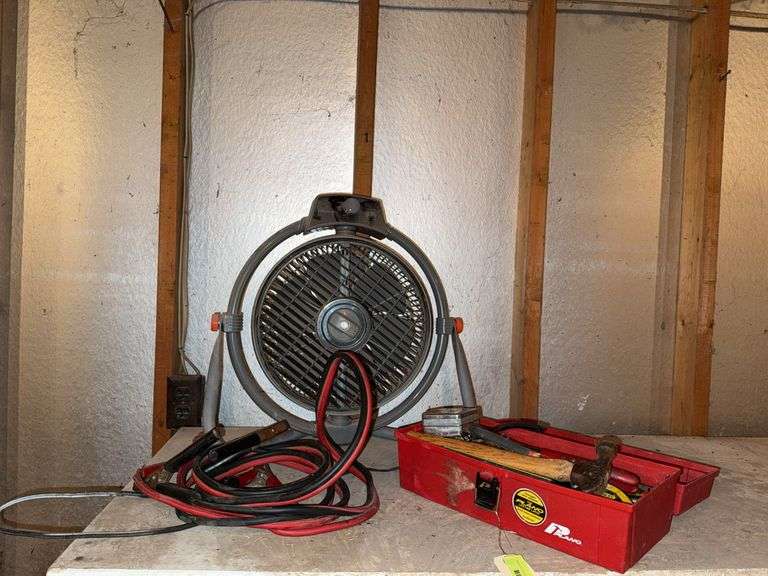 Fan, jumper cables and toolbox of tools image