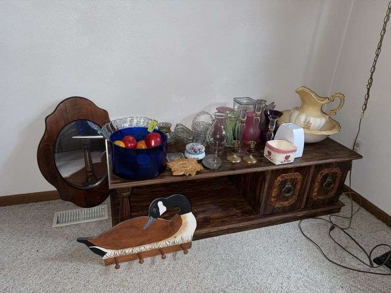 Coffee table and contents including glass vases, pitcher & bowl set and more image